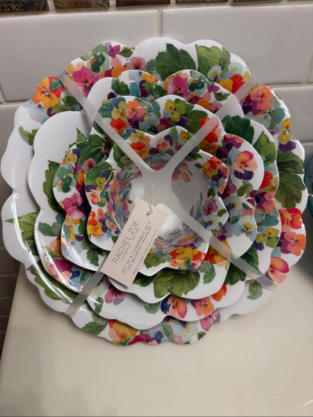 Rachel Zoe Multicolor Floral Pansy Melamine Plate and Bowl Set